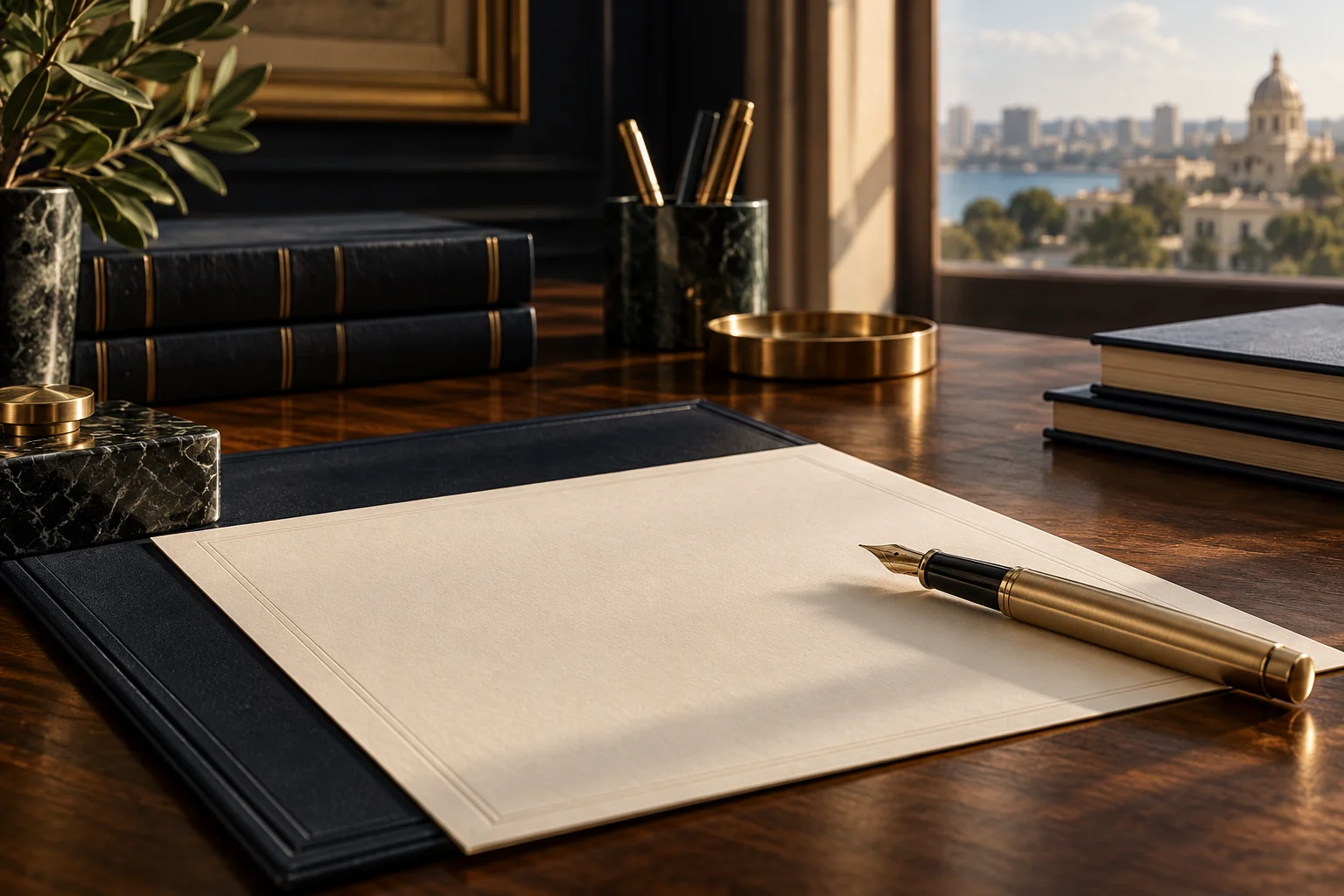 Documento sin texto y pluma sobre una mesa de trabajo